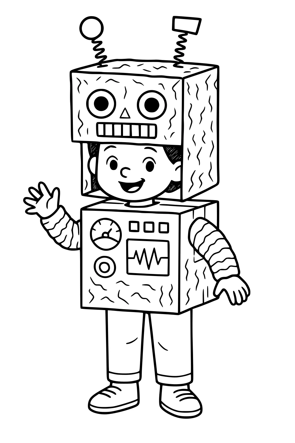 Boy in a boxy robot Halloween costume with antennas, gauges, corrugated sleeves, pants, and sneakers, smiling and waving.