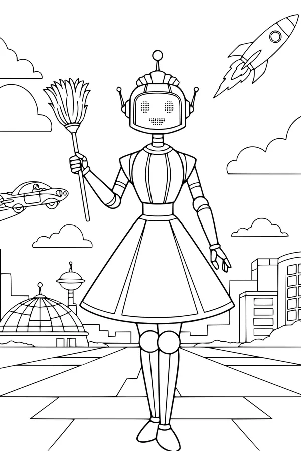 Free Robot Coloring Page - Girl Helper Bot in Futuristic Rocket City (Printable PDF)
