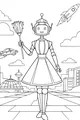 Free Robot Coloring Page - Girl Helper Bot in Futuristic Rocket City (Printable PDF)