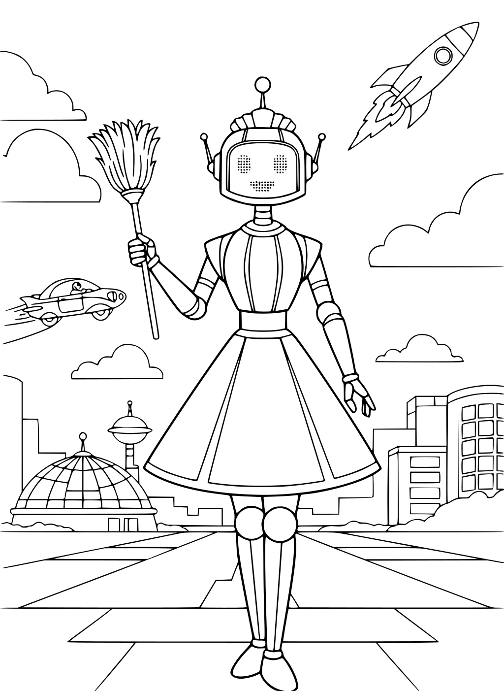 Smiling girl robot with feather duster in a futuristic city; rocket and flying car above; domed building, towers, clouds, wide path.
