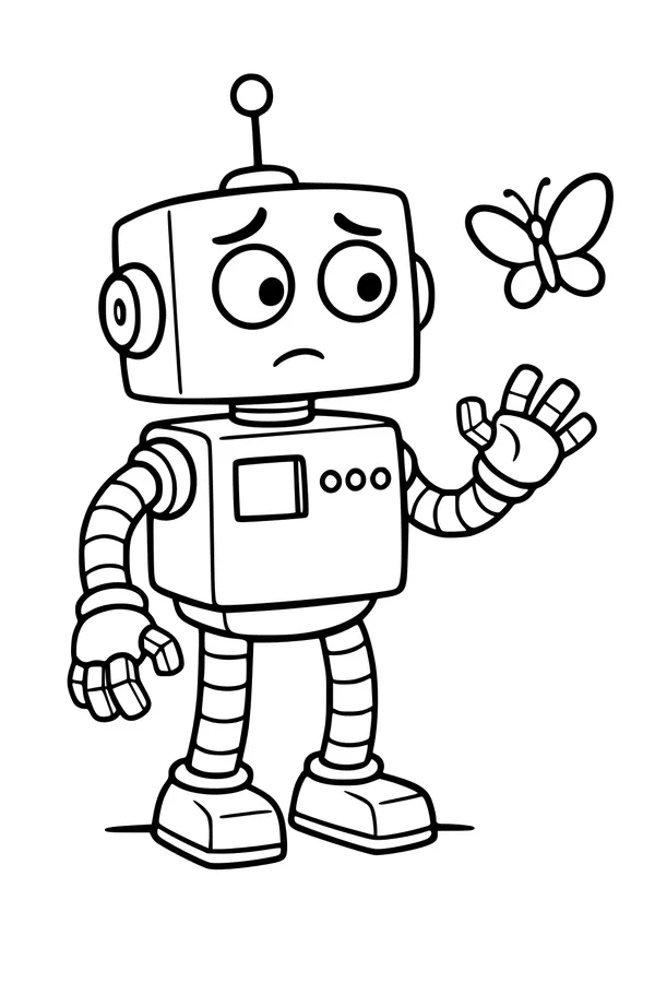 Free Robot Coloring Page - Friendly Android With Butterfly (Printable PDF)