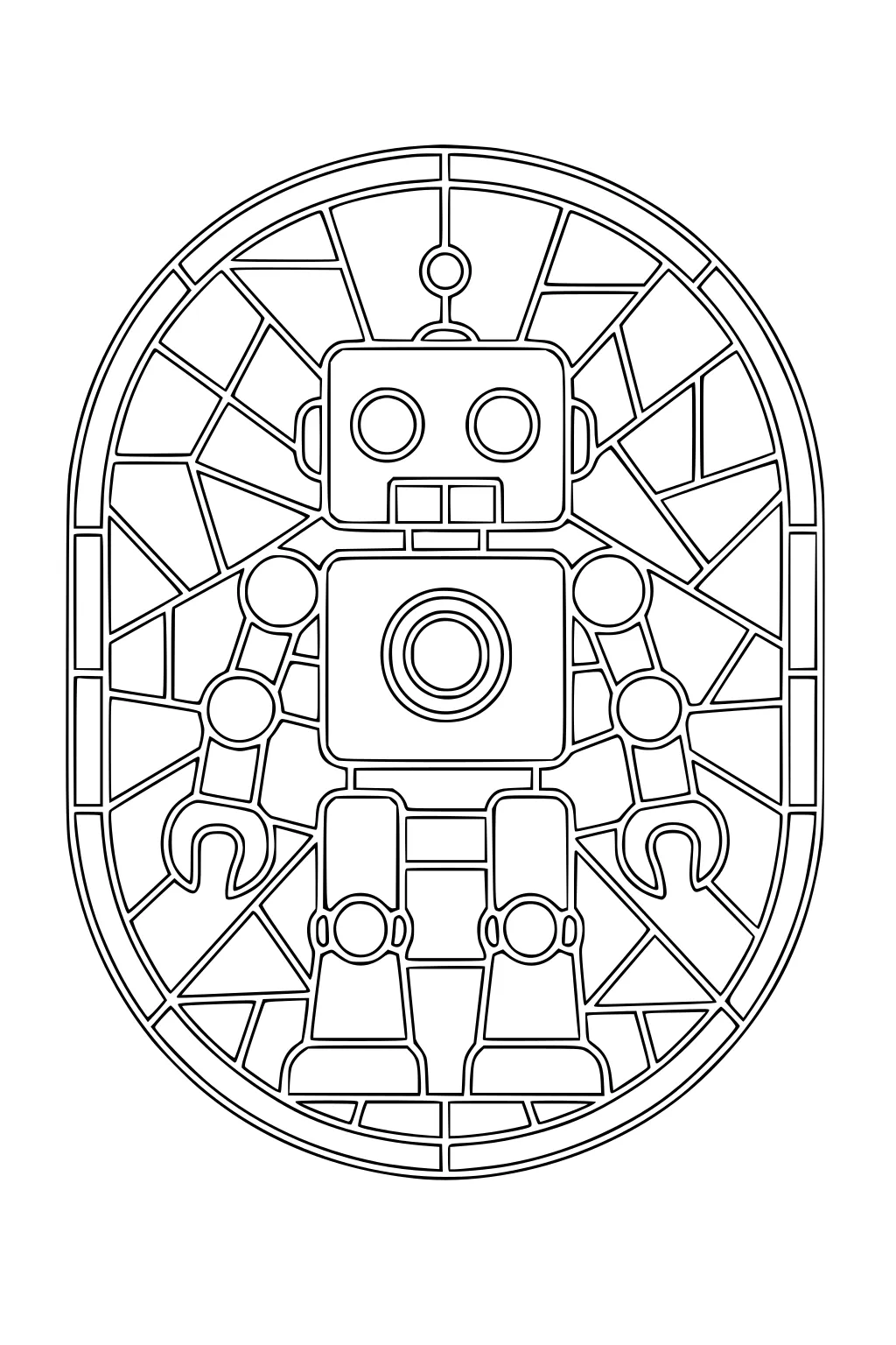 Cartoon robot with square head, round eyes, antenna, claw hands and boots inside an oval stained-glass style geometric frame.