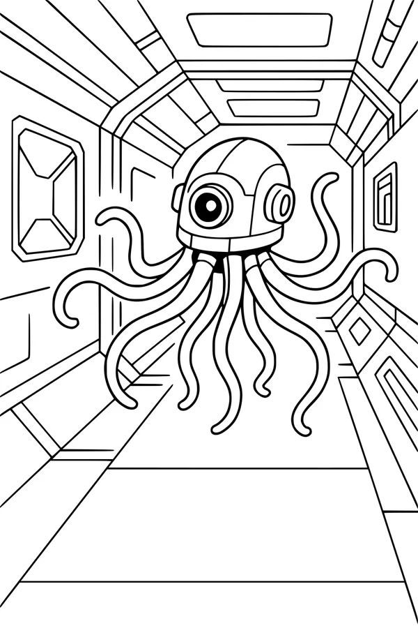 Free Octopus Robot Coloring Page - One-Eyed Droid in Space Station Hallway (Printable PDF)