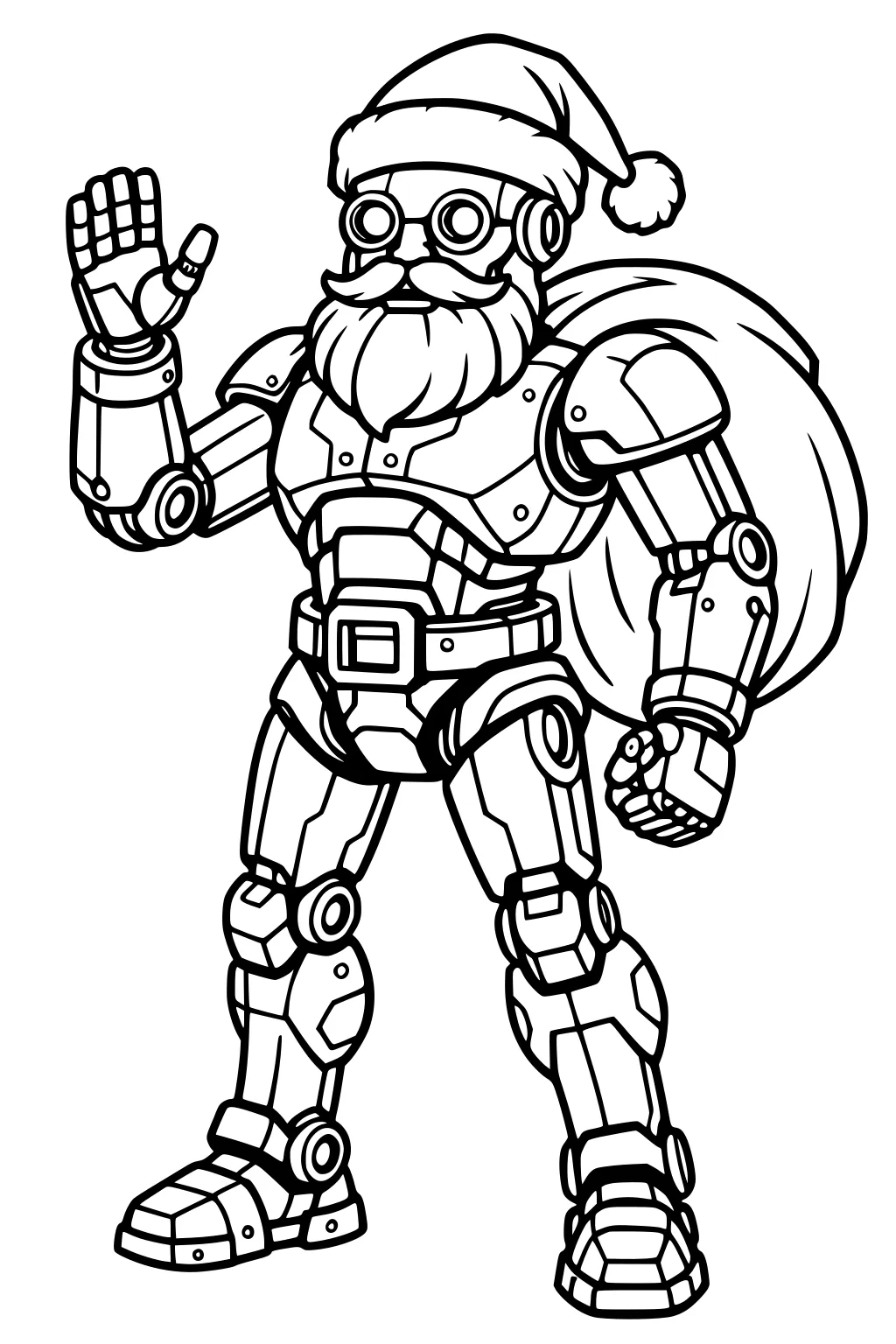 Robot Santa in armor, hat and goggles, waving with one hand and holding a big gift sack over his shoulder.