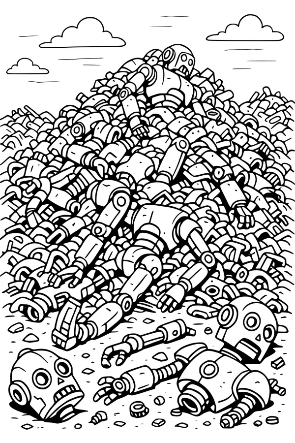 Free Robot Scrap Heap Coloring Page - Pile Of Cartoon Robot Parts (Printable PDF)