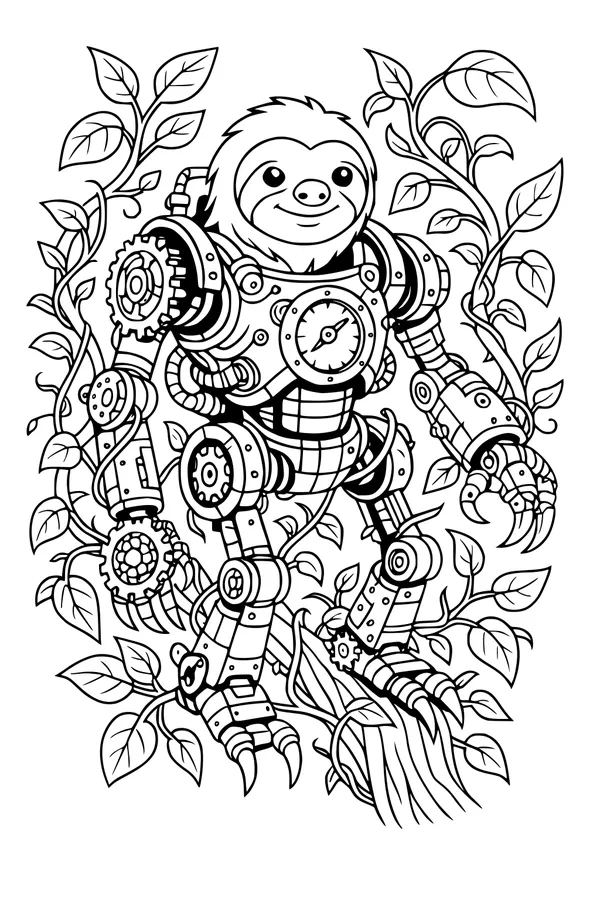 Free Sloth Coloring Page - Robot Slowbot in Jungle Vines (Printable PDF)