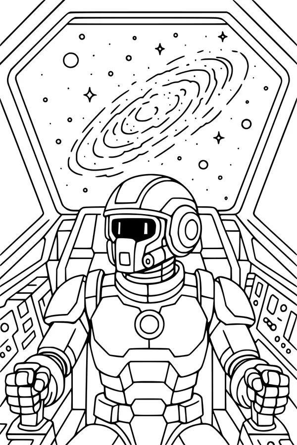 Free Robot Pilot Coloring Page - Galaxy Spaceship Cockpit Scene (Printable PDF)