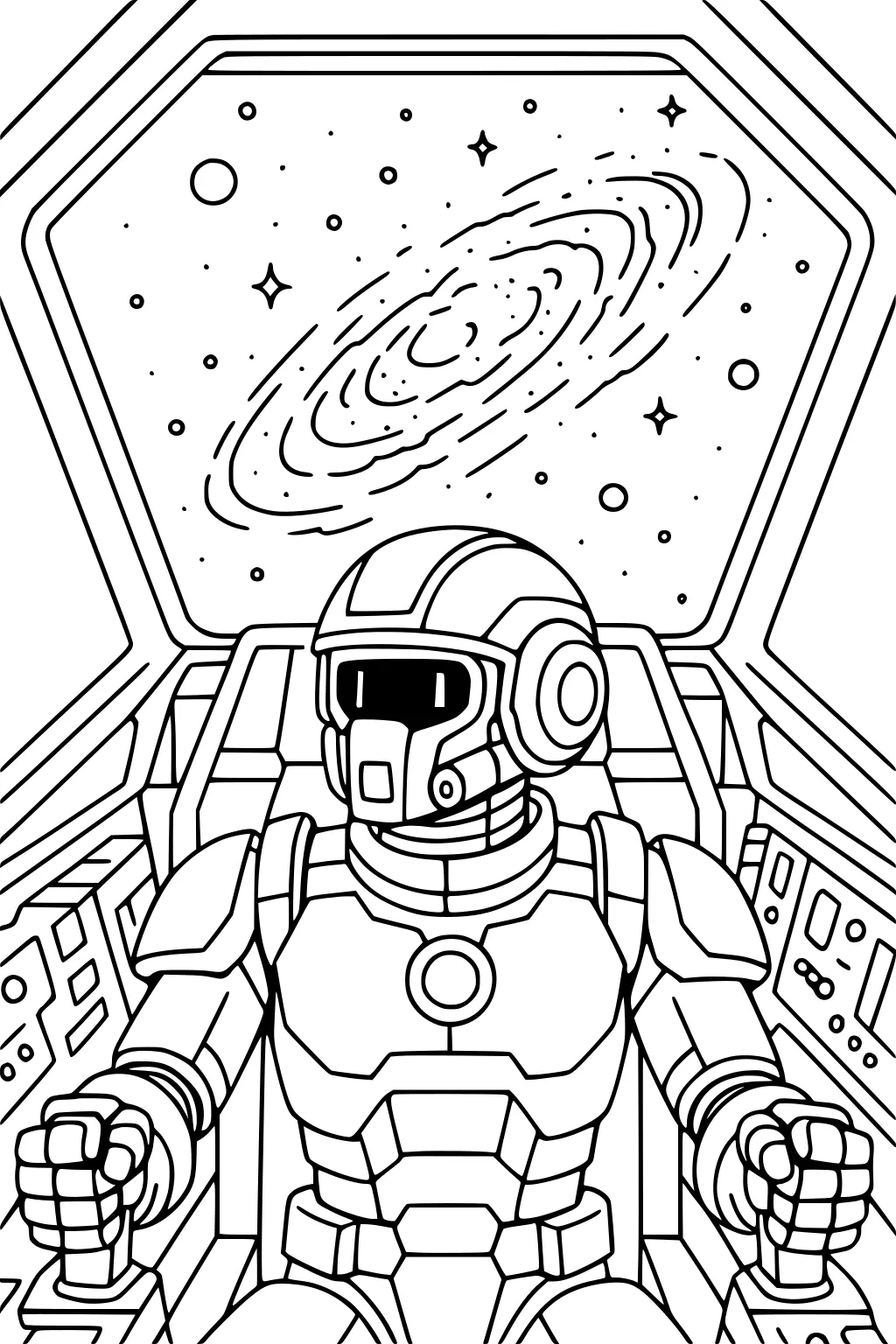 Robot pilot in armored suit holding twin joysticks in a spaceship cockpit, galaxy and stars visible through the window.