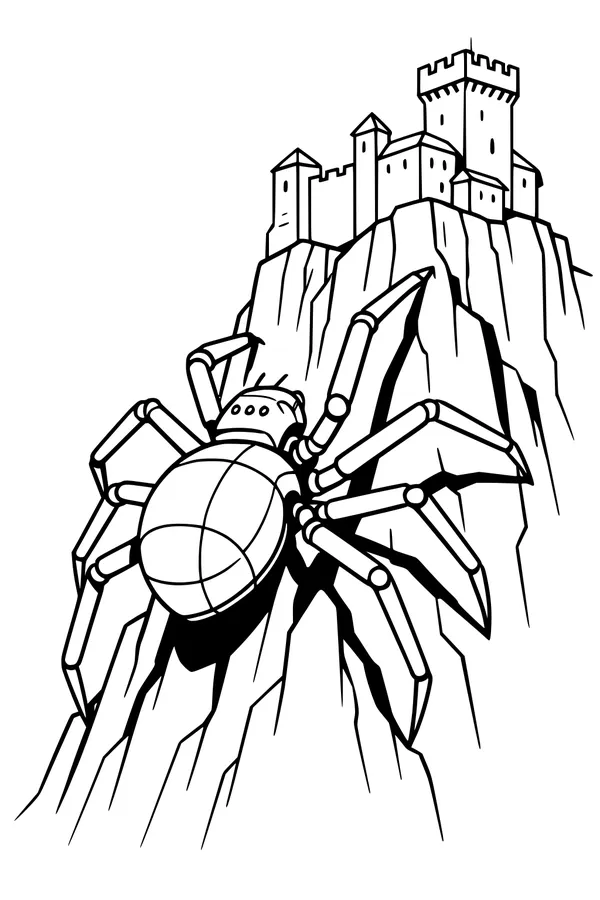 Free Robot Spider Coloring Page - Climbing Castle Cliff (Printable PDF)