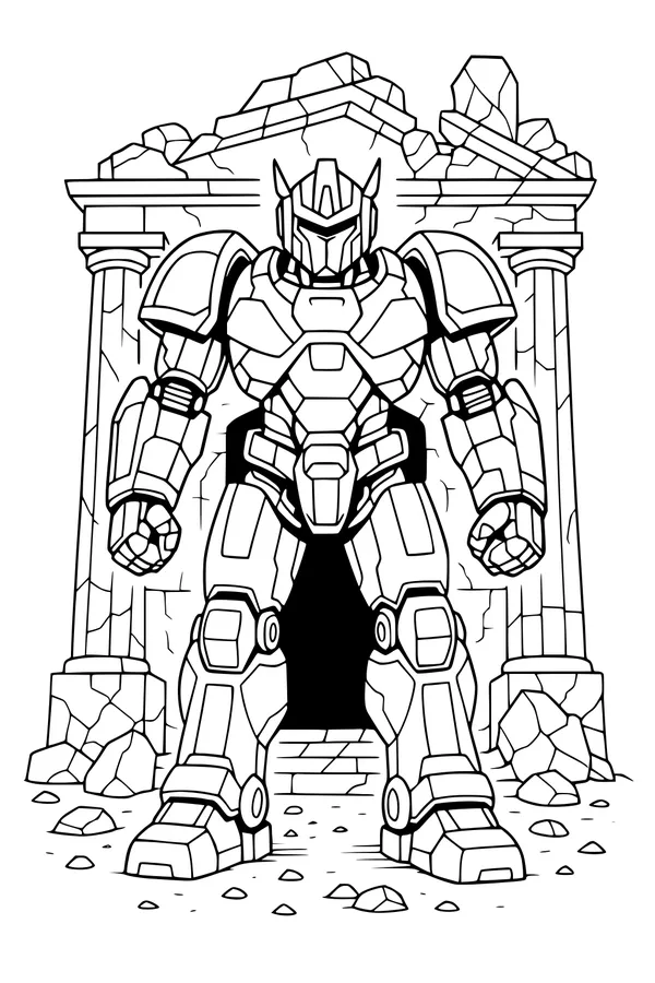 Free Robot Guardian Coloring Page - Armored Android at Cracked Temple (Printable PDF)