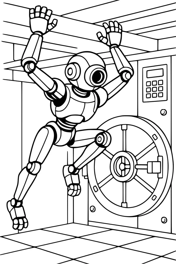 Free Robot Coloring Page - Spry Bot Guarding the Vault Door (Printable PDF)
