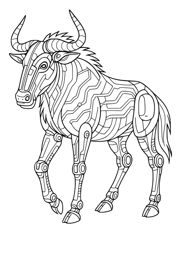 Free Wildebeest Coloring Page - Futuristic Robotic Safari Beast (Printable PDF)