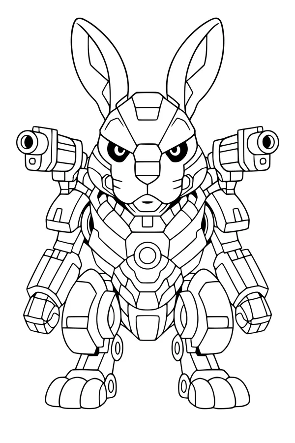 Free Robot Rabbit Coloring Page - Armored Robo Bunny With Shoulder Blasters (Printable PDF)