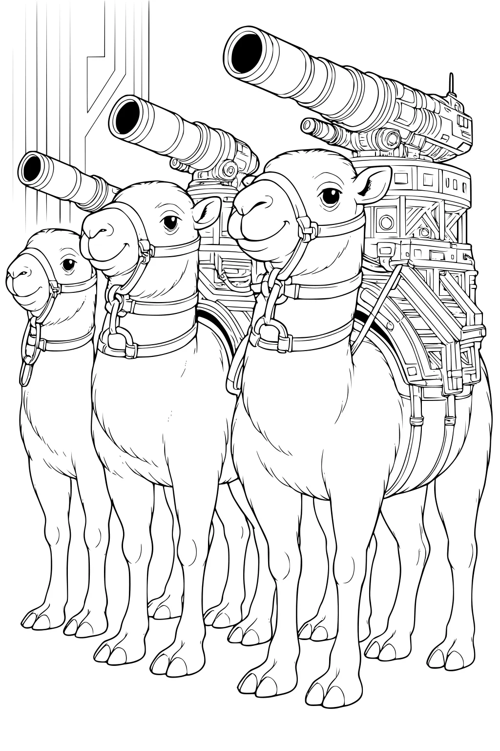 Three camels with happy faces stand together, each with mechanical gear and large cannons mounted on their backs.