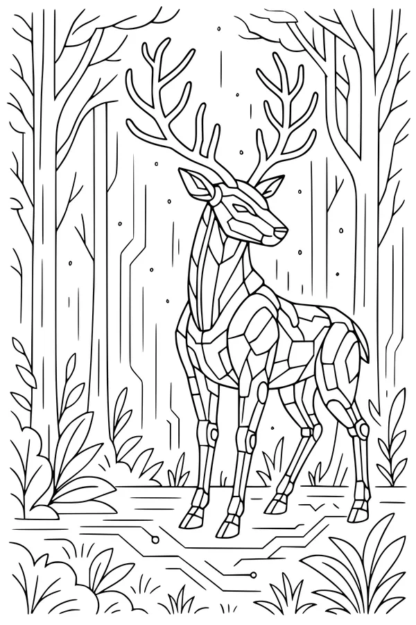 Free Deer Coloring Page - Robotic Antlered Deer in Geometric Forest (Printable PDF)