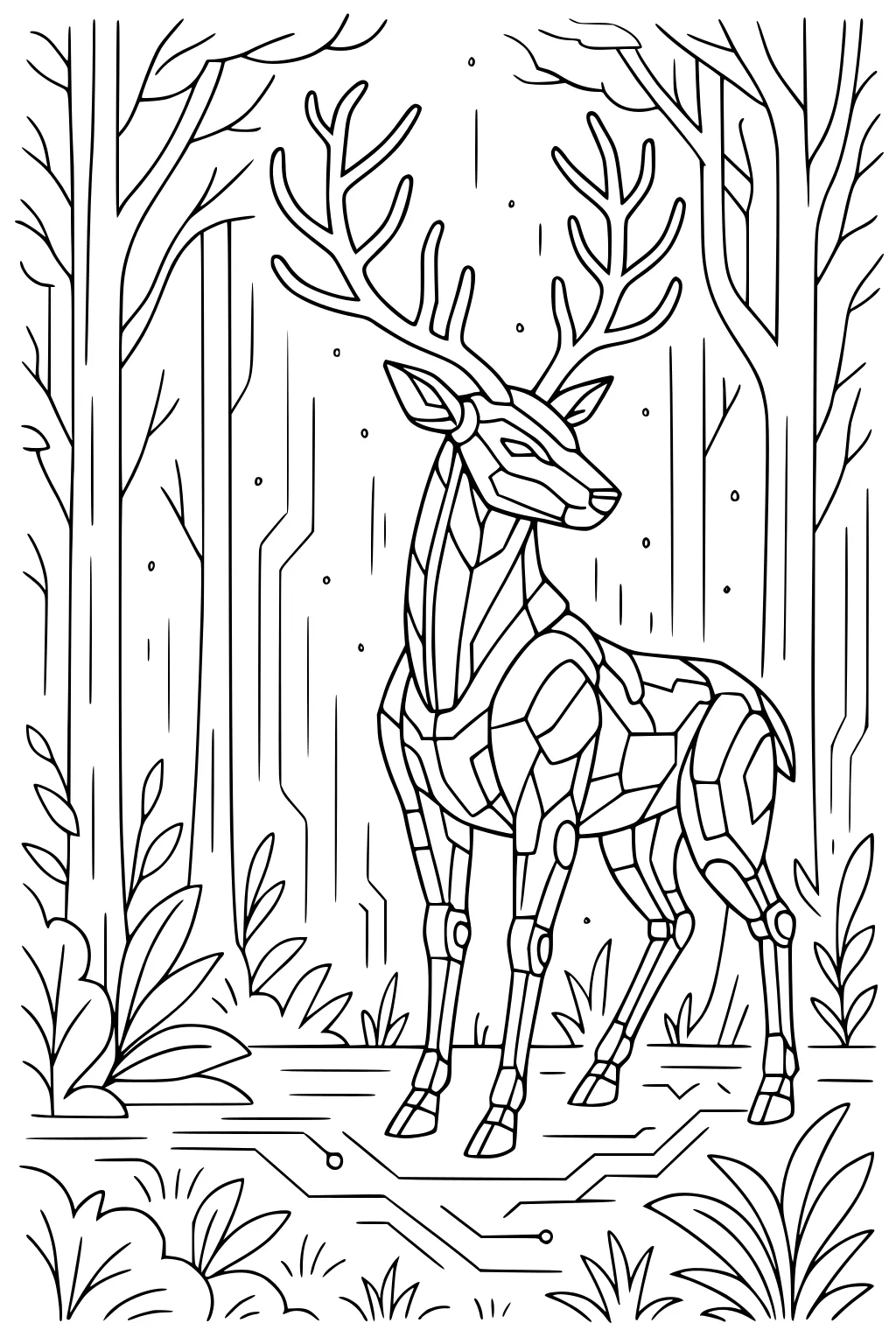Robotic deer with big antlers standing in a geometric forest with plants, trees, and patterned ground.