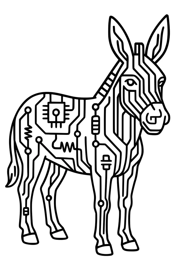 Free Robot Donkey Coloring Page - Circuit Board Tech Design (Printable PDF)