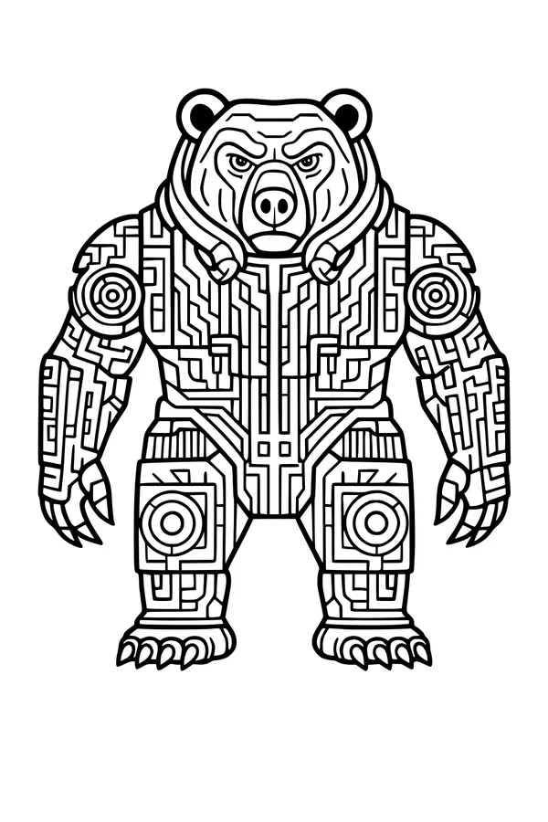 Free Robot Bear Coloring Page - Geometric Circuit Design (Printable PDF)