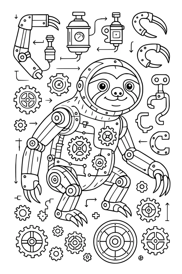 Free Sloth Coloring Page - Smiling Robot Sloth With Gears (Printable PDF)