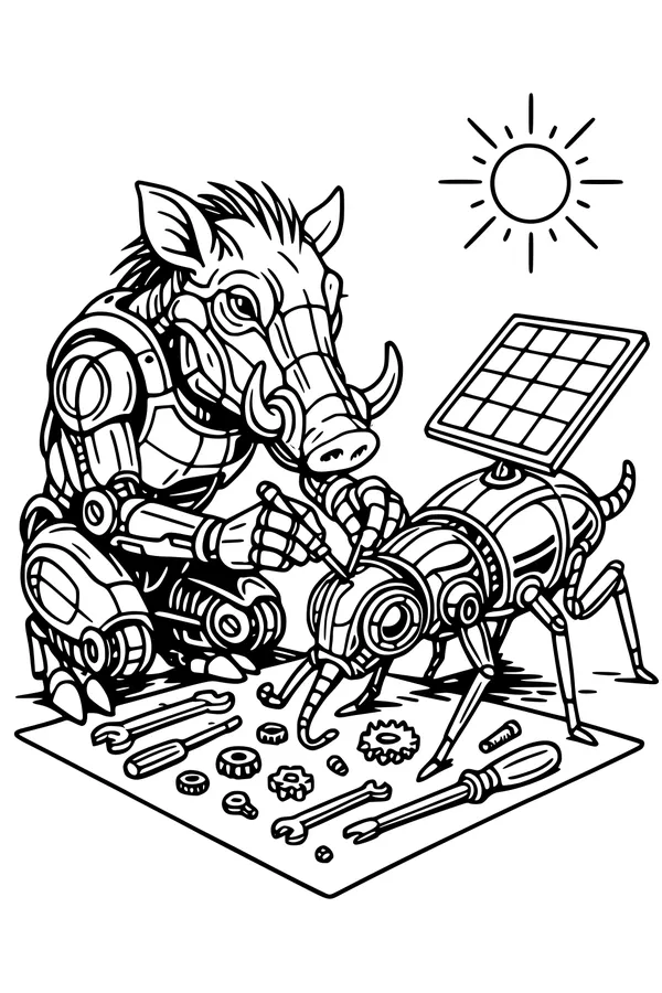 Free Warthog Coloring Page - Robot Repairs Solar Ant Friend (Printable PDF)