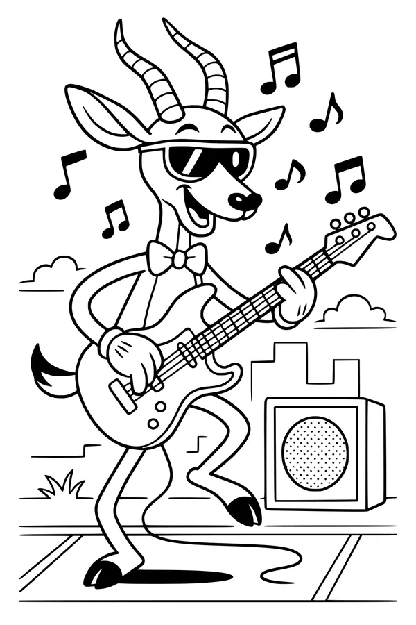 Free Gazelle Coloring Page - Rock Star Guitar Jam on Stage (Printable PDF)