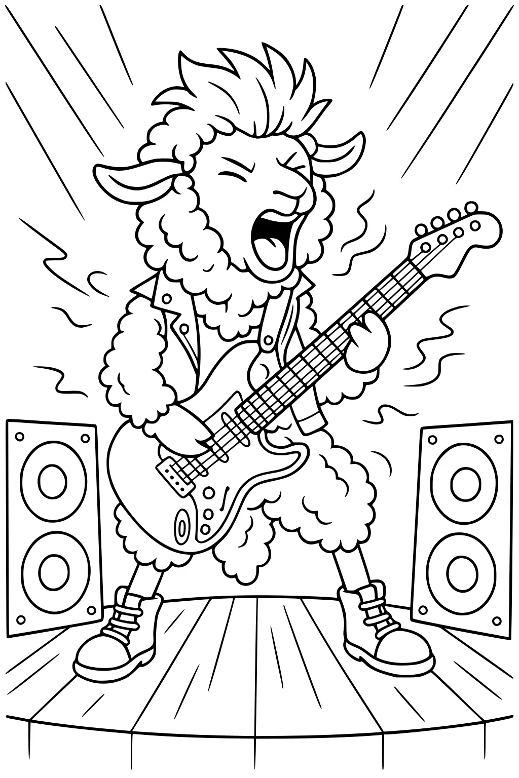 Cartoon sheep playing electric guitar and singing loudly on stage, with speakers and wooden floor visible.
