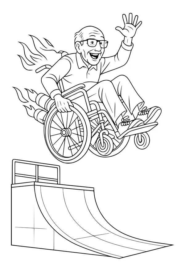 Free Grandpa Coloring Page - Rocket Wheelchair Jump at the Skatepark (Printable PDF)