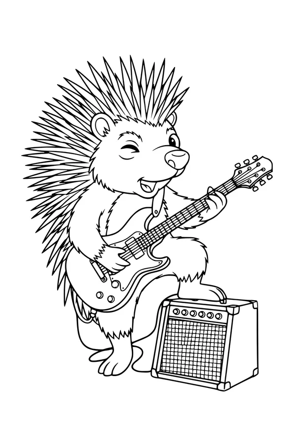 Free Porcupine Coloring Page - Rock Star Playing Electric Guitar (Printable PDF)