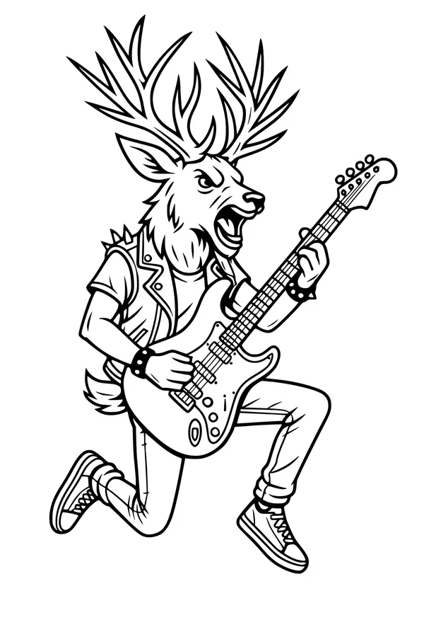 Free Deer Coloring Page - Rock Star Deer Playing Guitar (Printable PDF)