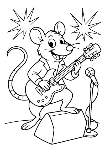 Free Rat Coloring Page - Rock Star Rat Playing Guitar On Stage (Printable PDF)
