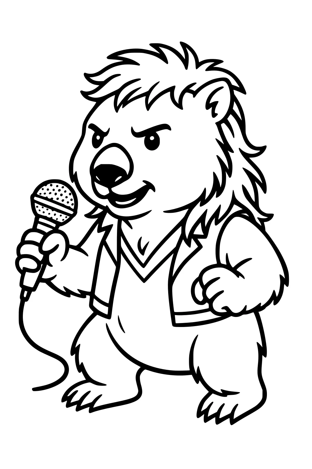 Cartoon wombat sings into a wired microphone, wearing a vest and V-neck shirt, with spiky hair and bold line art.