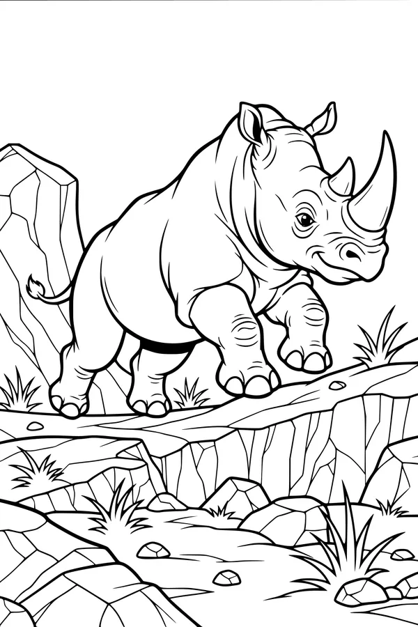 Free Rhinoceros Coloring Page - Two-Horned Rhino on Rocky Ground (Printable PDF)