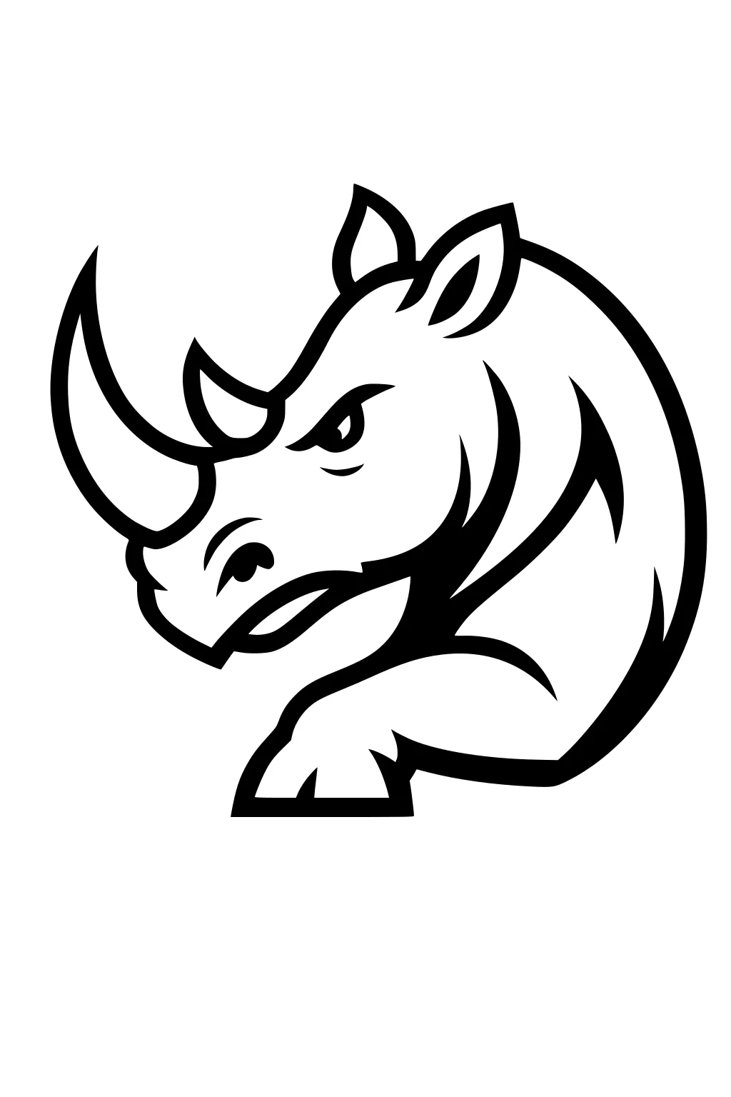 Outline drawing of a rhinoceros head and front leg with a large horn and perky ears.