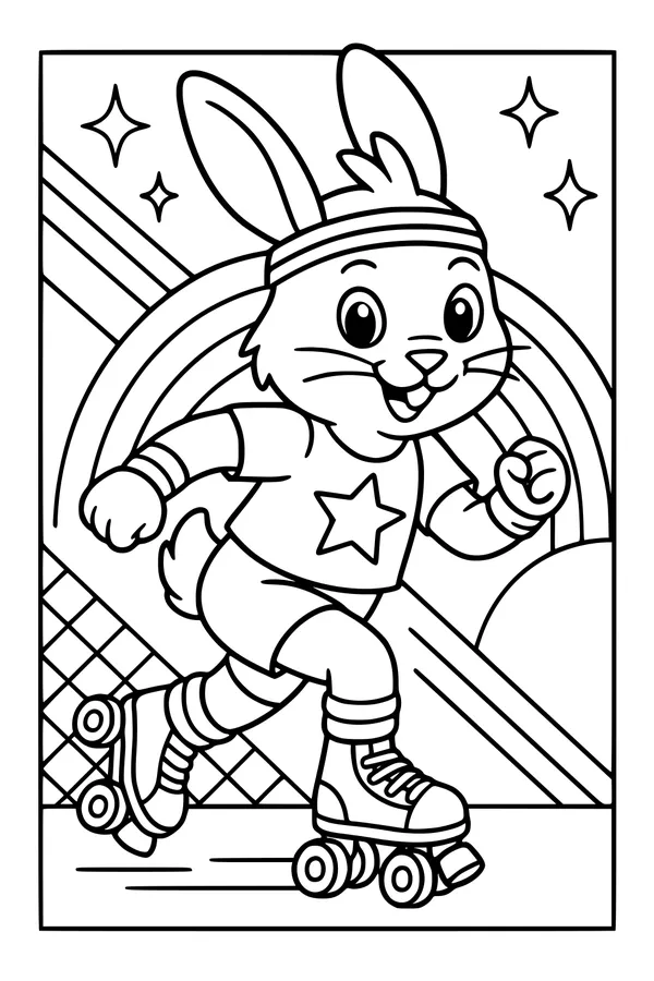 Free Rabbit Coloring Page - Roller Skating Bunny Under a Rainbow (Printable PDF)