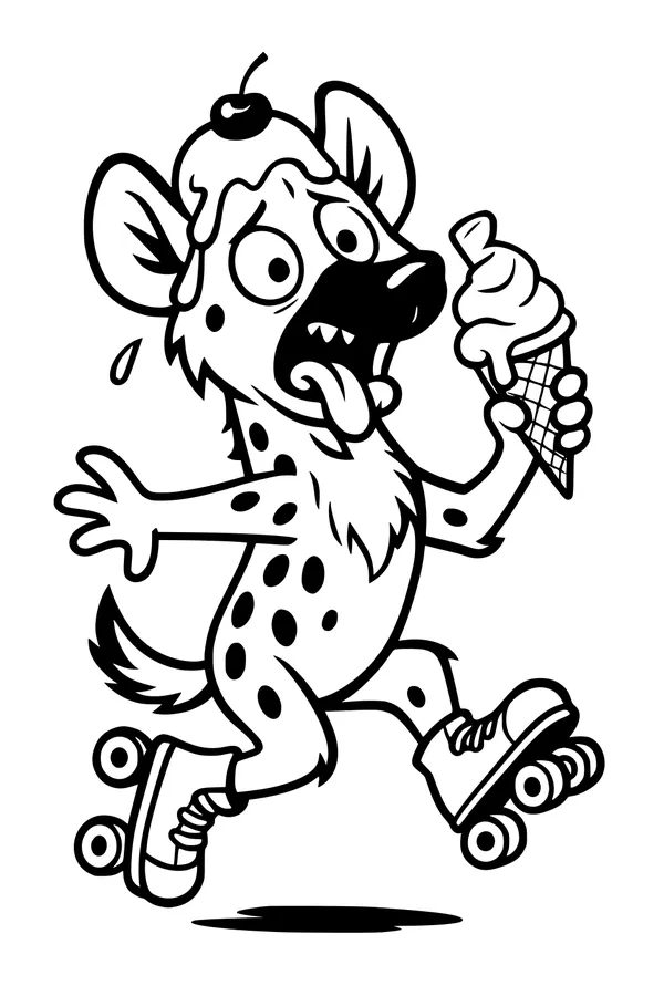 Free Hyena Coloring Page - Roller Skating With Melting Ice Cream (Printable PDF)