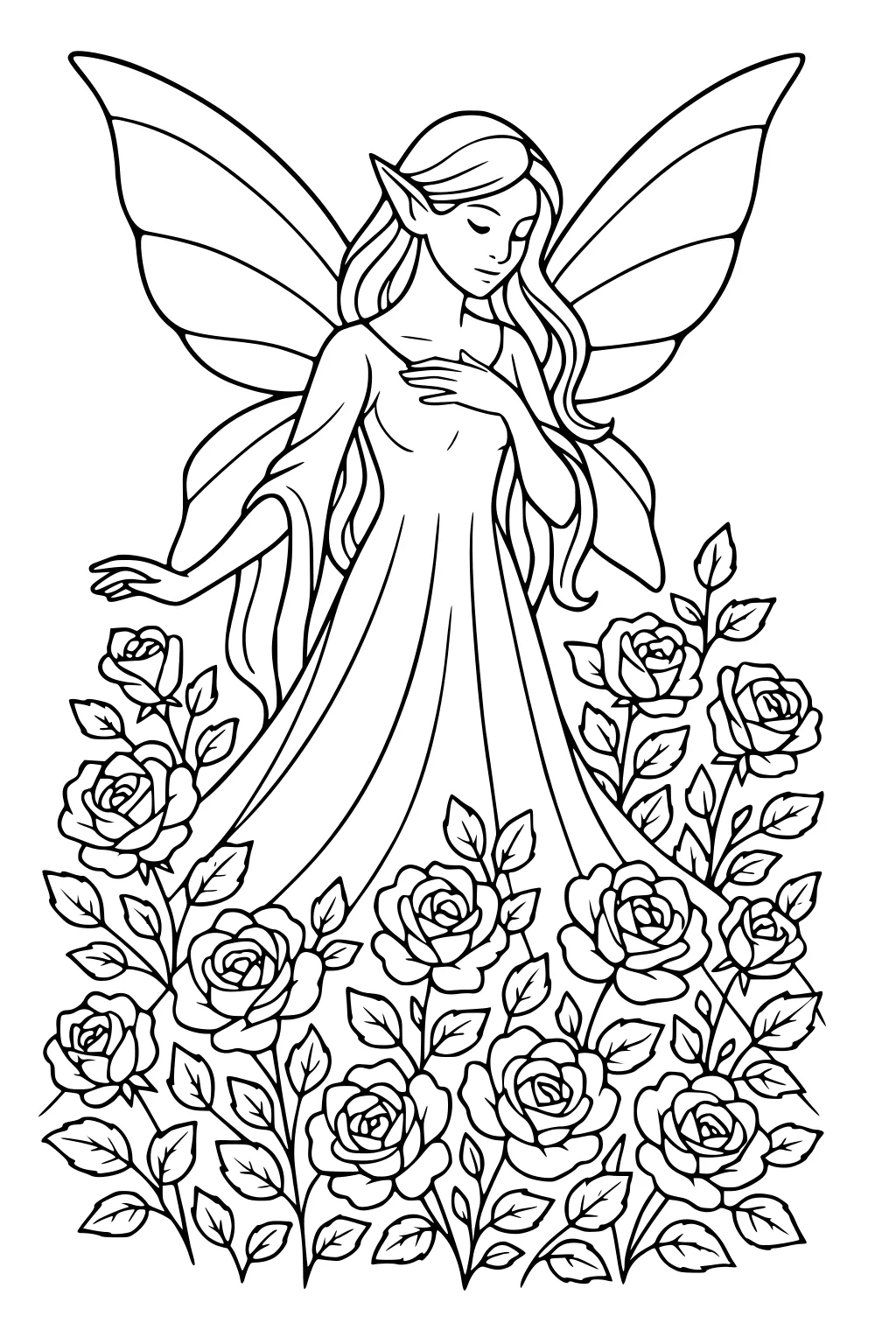Fairy girl with big wings and long gown amid roses, hand on heart, eyes closed, wavy hair, pointed ears.