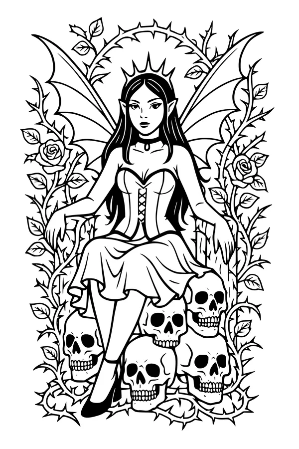 Free Fairy Coloring Page - Gothic Rose-Thorn Throne (Printable PDF)