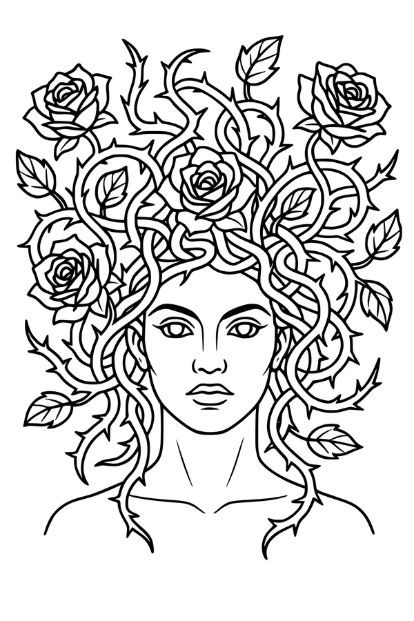 Free Witch Coloring Page - Rose Hair And Tangled Vines Portrait (Printable PDF)
