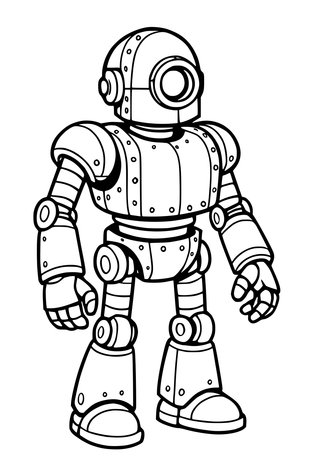 Cartoon robot with dome head, single eye, riveted plates, jointed arms and legs, big gloves and boots, outlined for coloring.