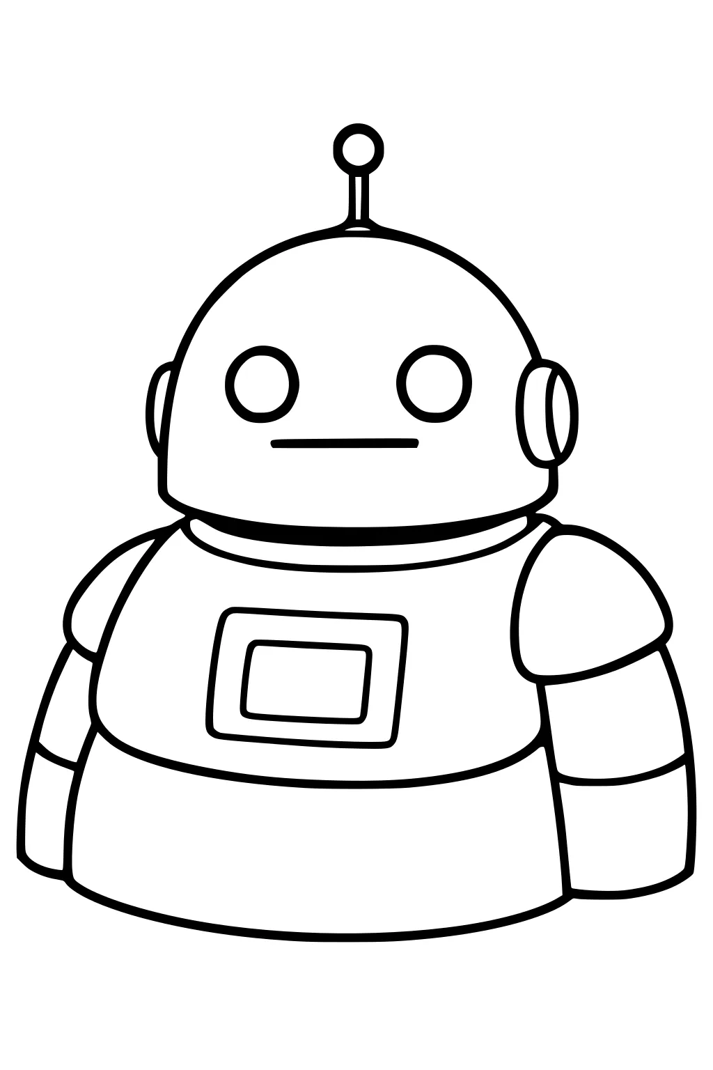 Round cartoon robot with antenna, circle eyes, line mouth, ear panels, padded shoulders, and a square chest screen.