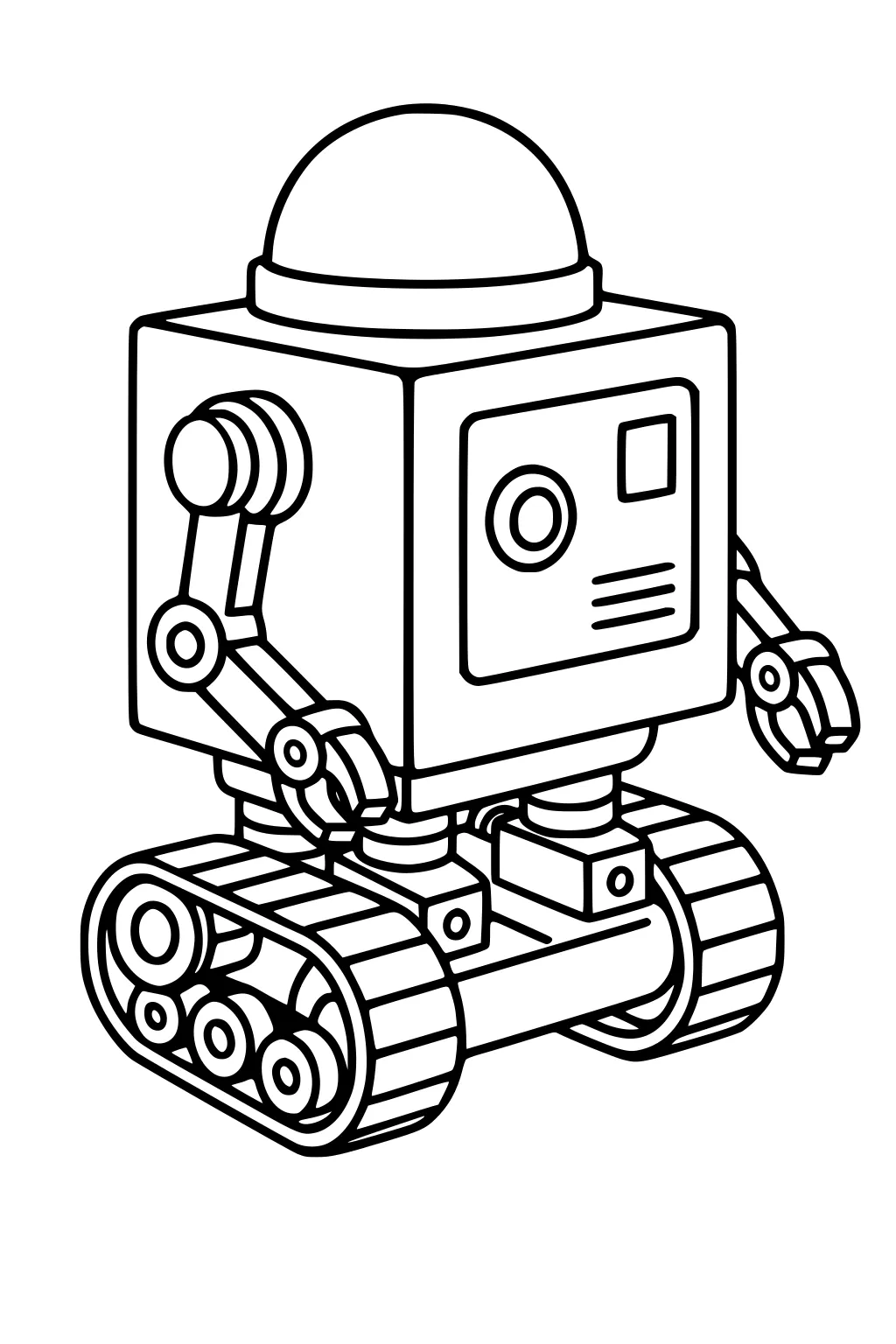 Cartoon robot with dome head, box body, small claw arms, and tank treads with inner wheels, shown in bold outlines.