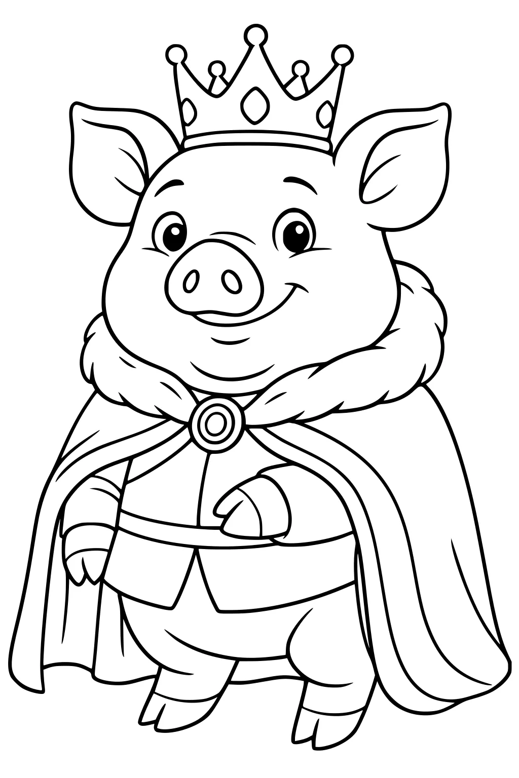 Cartoon pig wearing a crown and king’s cape, smiling and standing upright in royal attire.