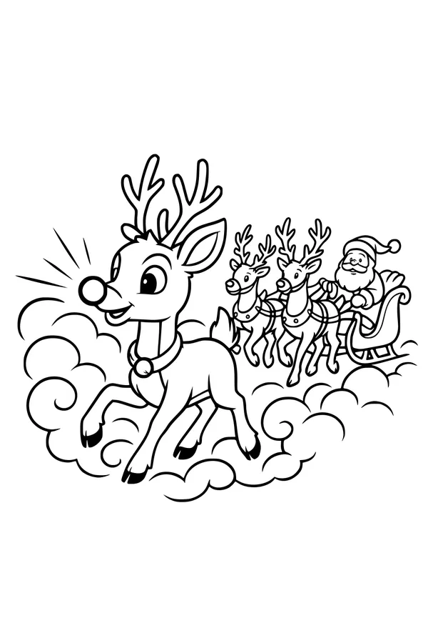 Free Rudolph and Santa Coloring Page - Flying Christmas Sleigh in Winter Sky (Printable PDF)
