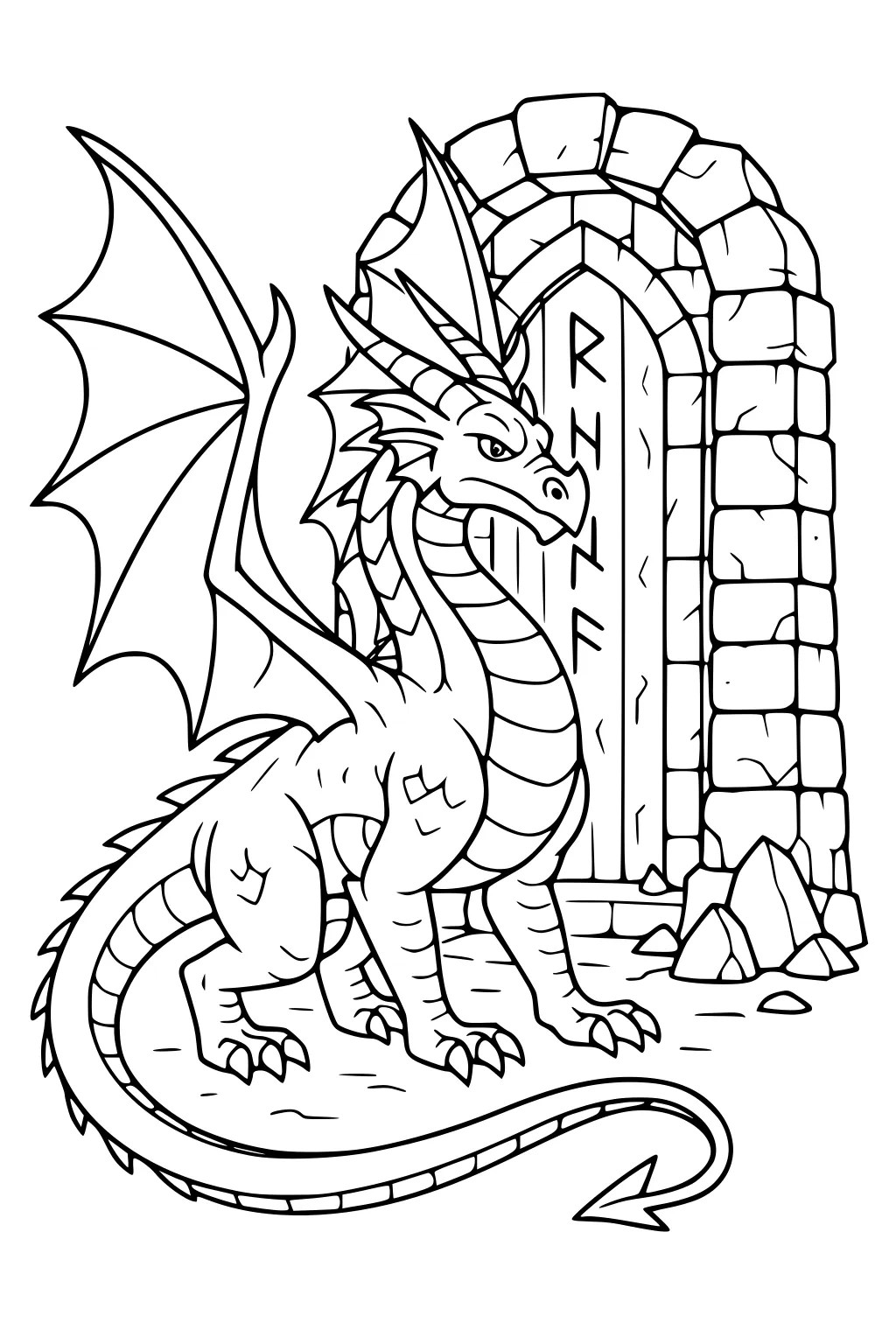 Winged dragon by a stone arch door carved with runes, tail curled, horns and belly scales showing, rocks scattered on the ground.