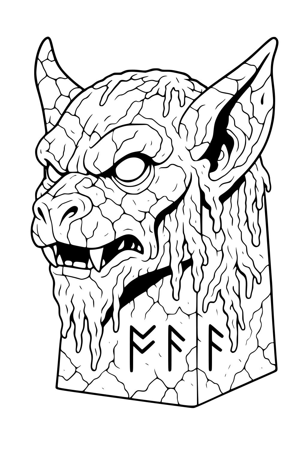 Stone gargoyle head with big pointed ears, dripping strands, cracked texture, fangs, and runes on a block pedestal.