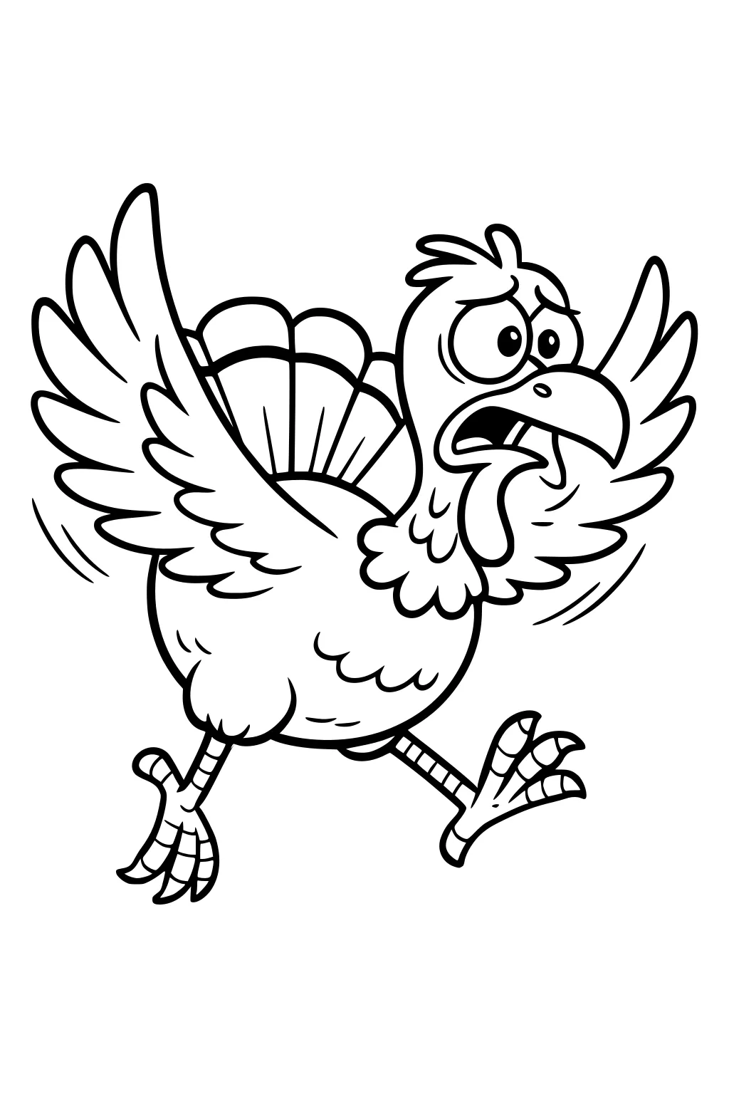 Cartoon Thanksgiving turkey running, wings raised, wide eyes, open beak, wattle, fan tail, and big scaly feet on a plain white background.