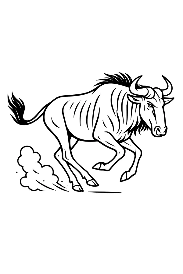 Free Wildebeest Coloring Page - Running Savanna Dust Runner (Printable PDF)