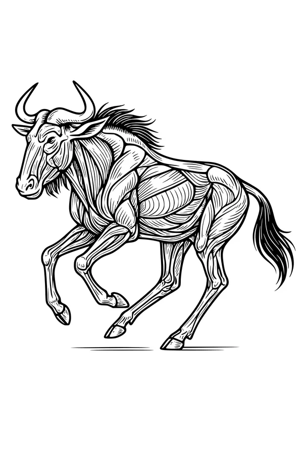 Free Wildebeest Coloring Page - Running Gnu With Curved Horns (Printable PDF)