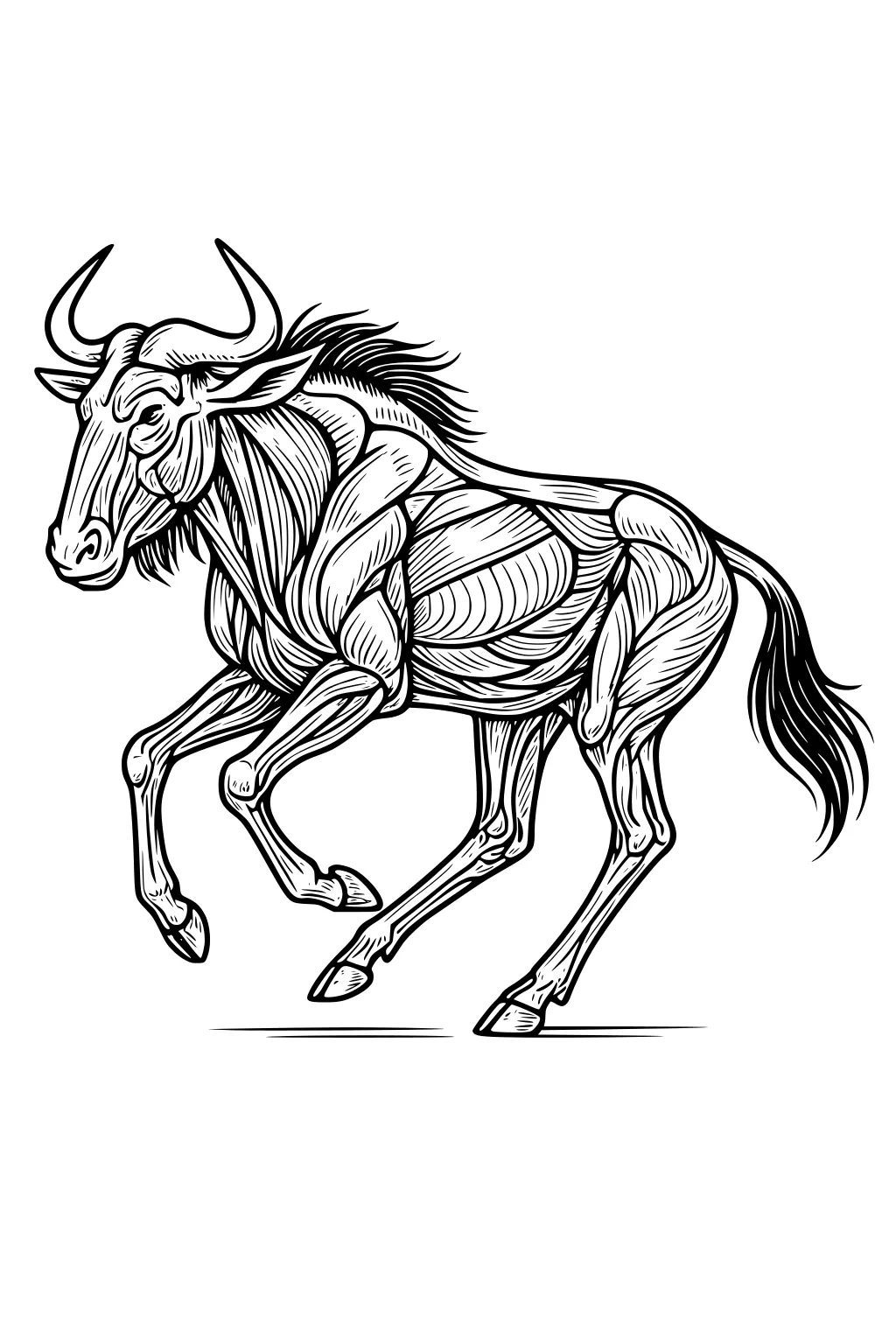 Running wildebeest line drawing with curved horns, shaggy mane, muscle lines, lifted hooves, and streaming tail; side view on white.