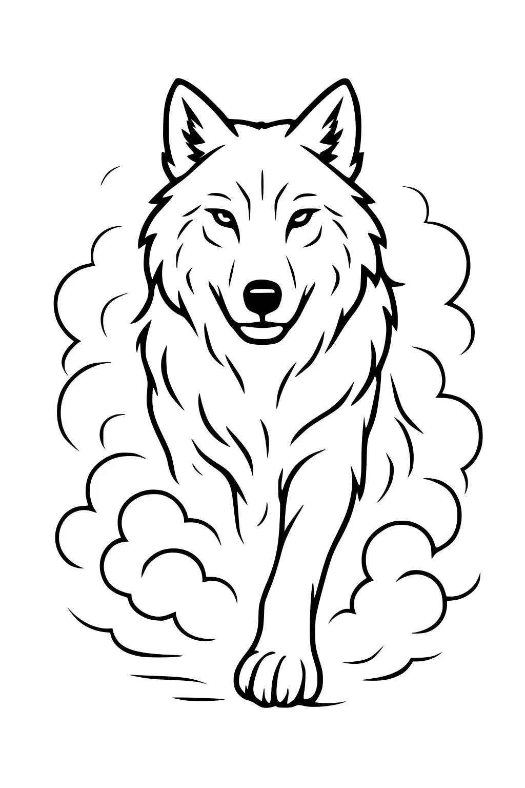 Outline of a wolf walking forward through swirls of dust, ears perked, calm eyes, fluffy fur, one front paw stepping out.
